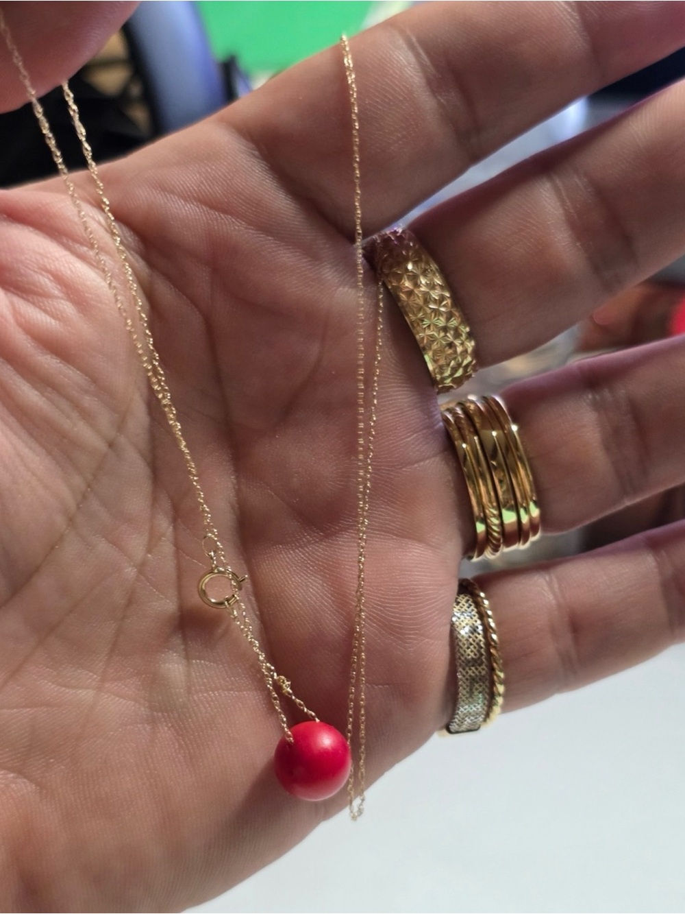 14k Gold Necklace with Red Bead